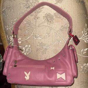 PLAYBOY Pink Shoulder Bag with Bow and Icon Accents